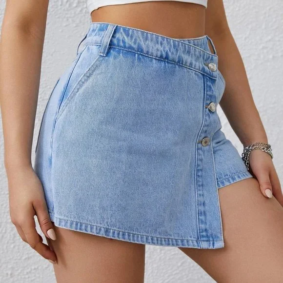 Light Wash Casual Womens High Waist Button Front Denim Skort - Picture 3 of 5
